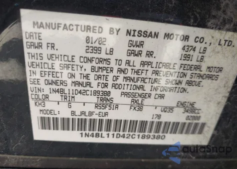 2002 Nissan Altima 3.5 Se из США, поврежденный, VIN 1N4BL11D42C189380